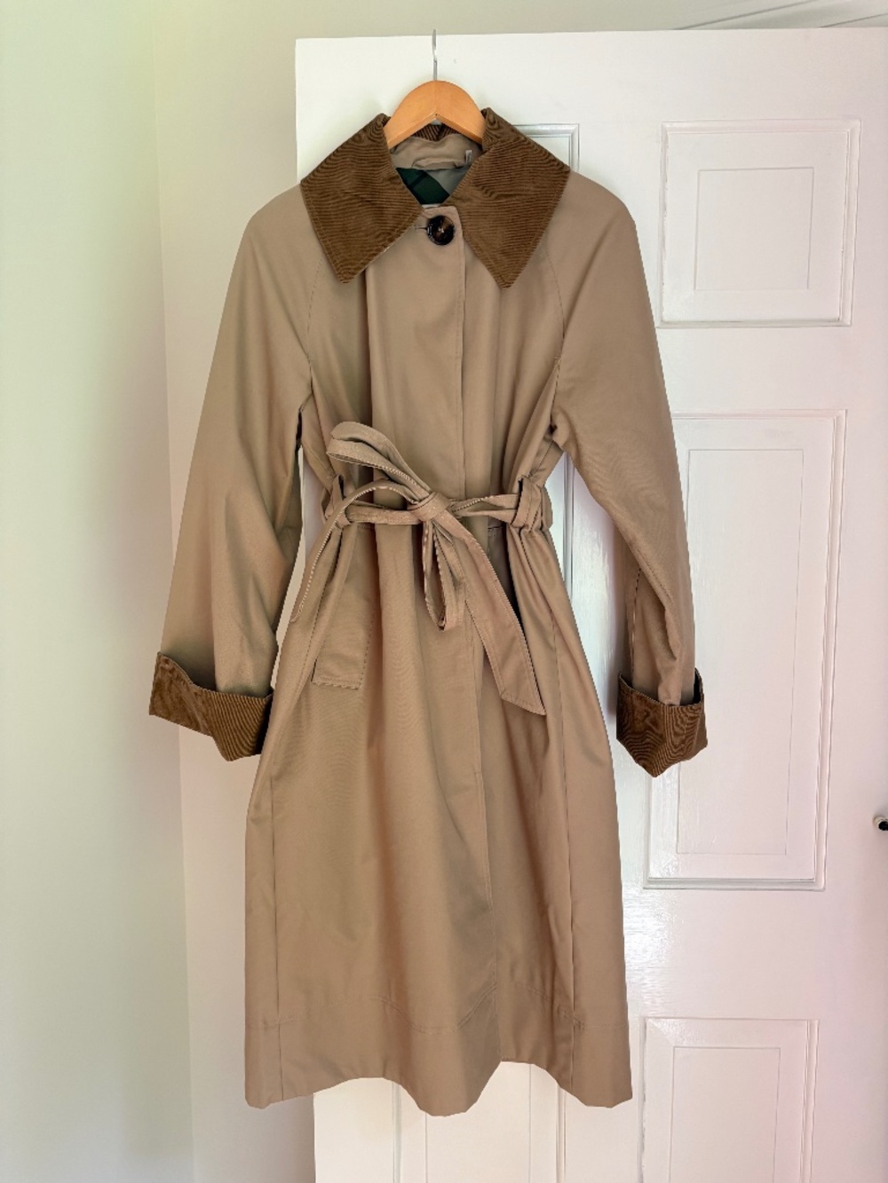 Barbour Beige Trench Coat with Brown Corduroy Collar